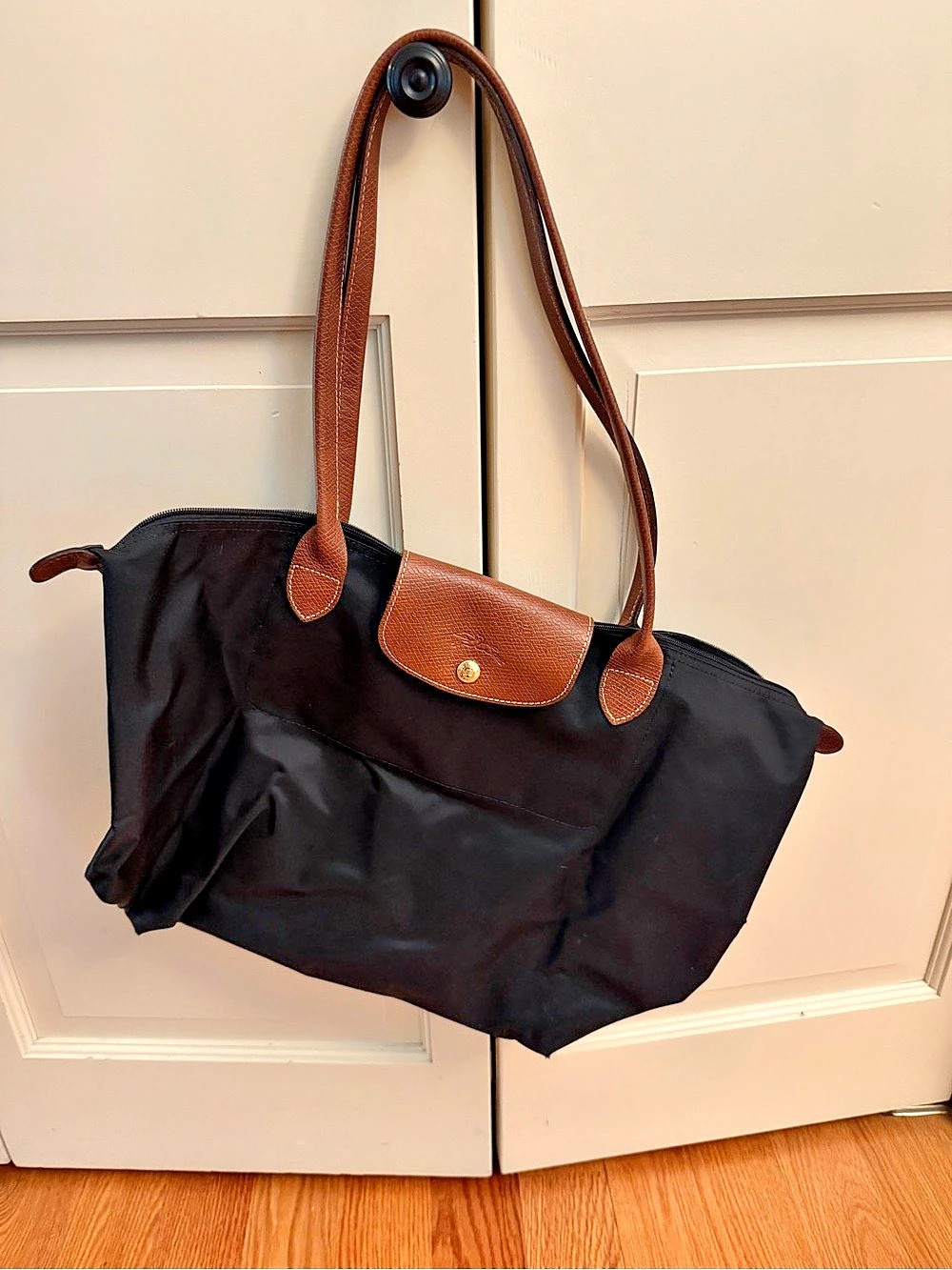 Longchamp Le Pliage Large Shoulder Tote in Black & Brown